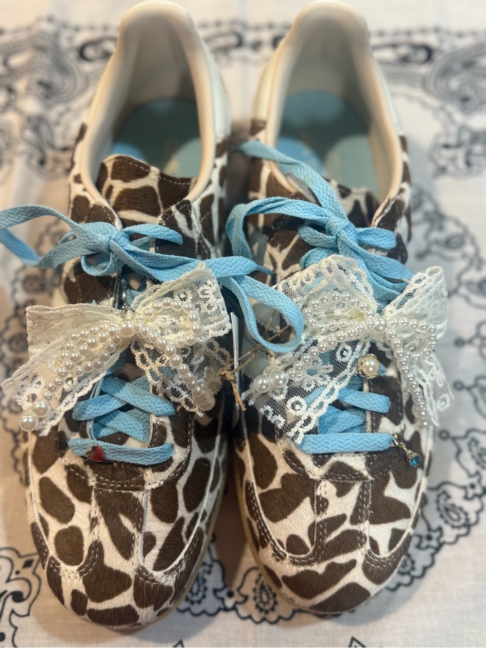 adidas Brown & White Giraffe-Print Sneakers with Light Blue Laces